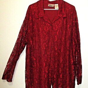 Ladies 22/24W Red Button Front Top Blouse by Kathie Lee Sheer Lace Long Sleeve